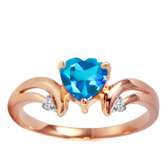 14K. SOLID GOLD RING WITH DIAMONDS & BLUE TOPAZ (Rose Gold)